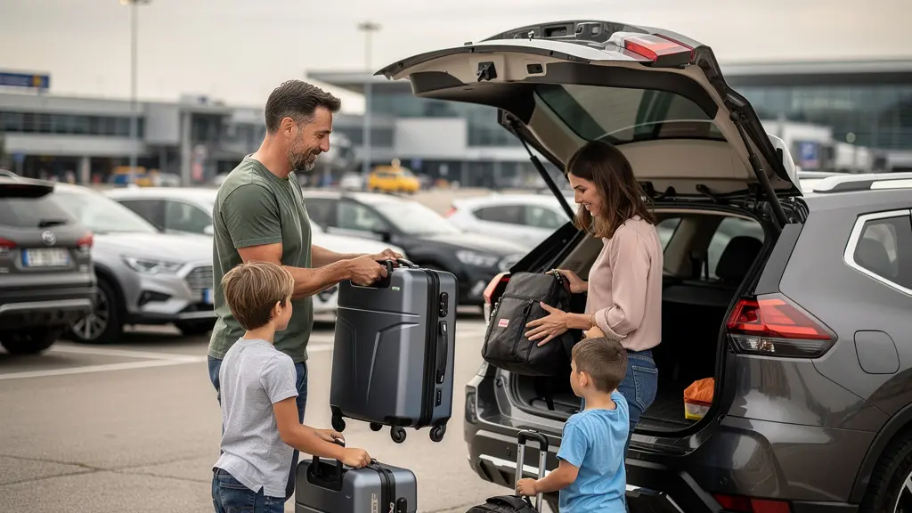 Famille française chargeant valises dans coffre SUV au parking aéroport CDG