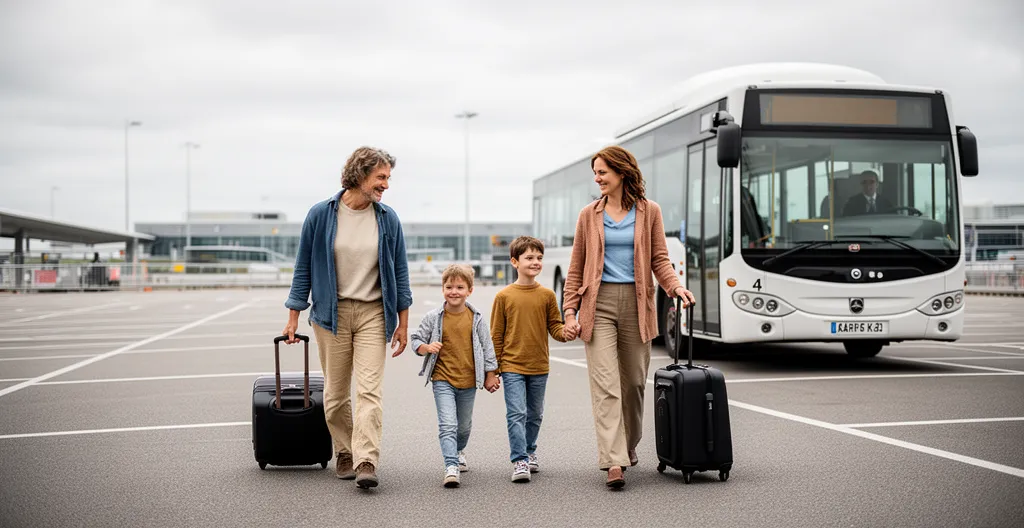 Famille avec valises marchant vers navette parking aéroport CDG
