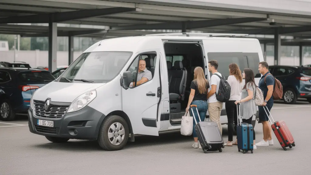 Navette parking aéroport avec voyageurs montant avec valises à CDG