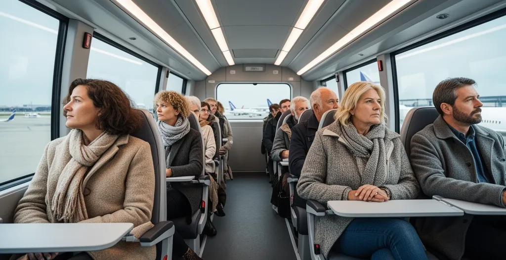 Passagers assis dans navette parking aéroport regardant par la fenêtre