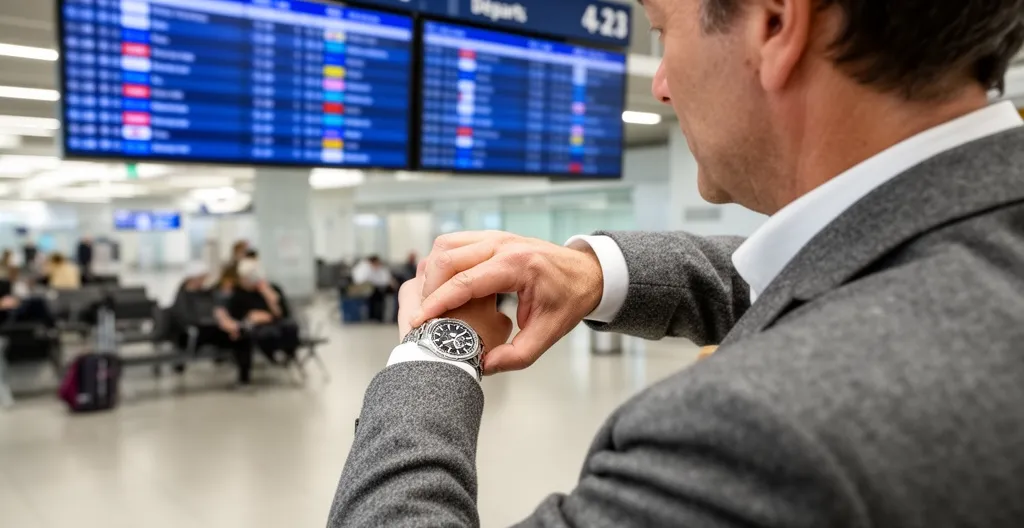 Voyageur vérifiant l'heure près du tableau d'affichage aéroport CDG