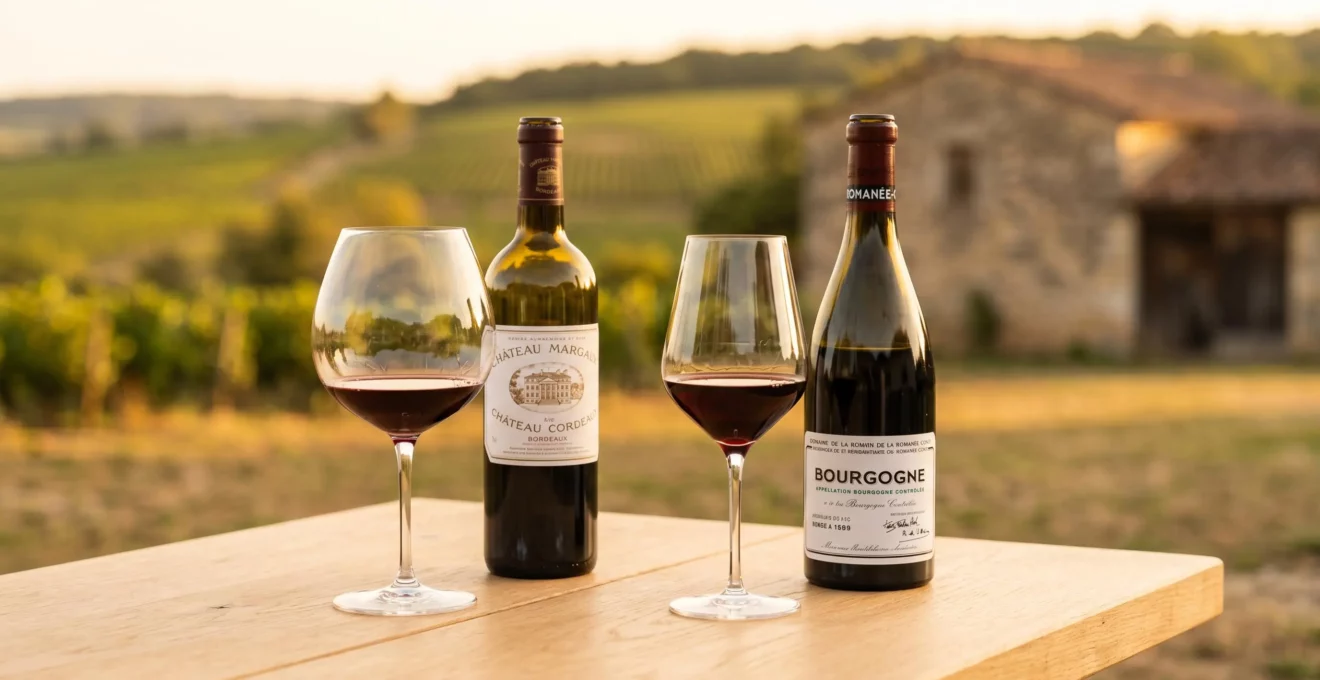 Deux verres à vin de formes différentes (ballon et tulipe) accompagnés de leurs bouteilles respectives Bordeaux et Bourgogne, sur table en bois clair avec lumière naturelle dorée