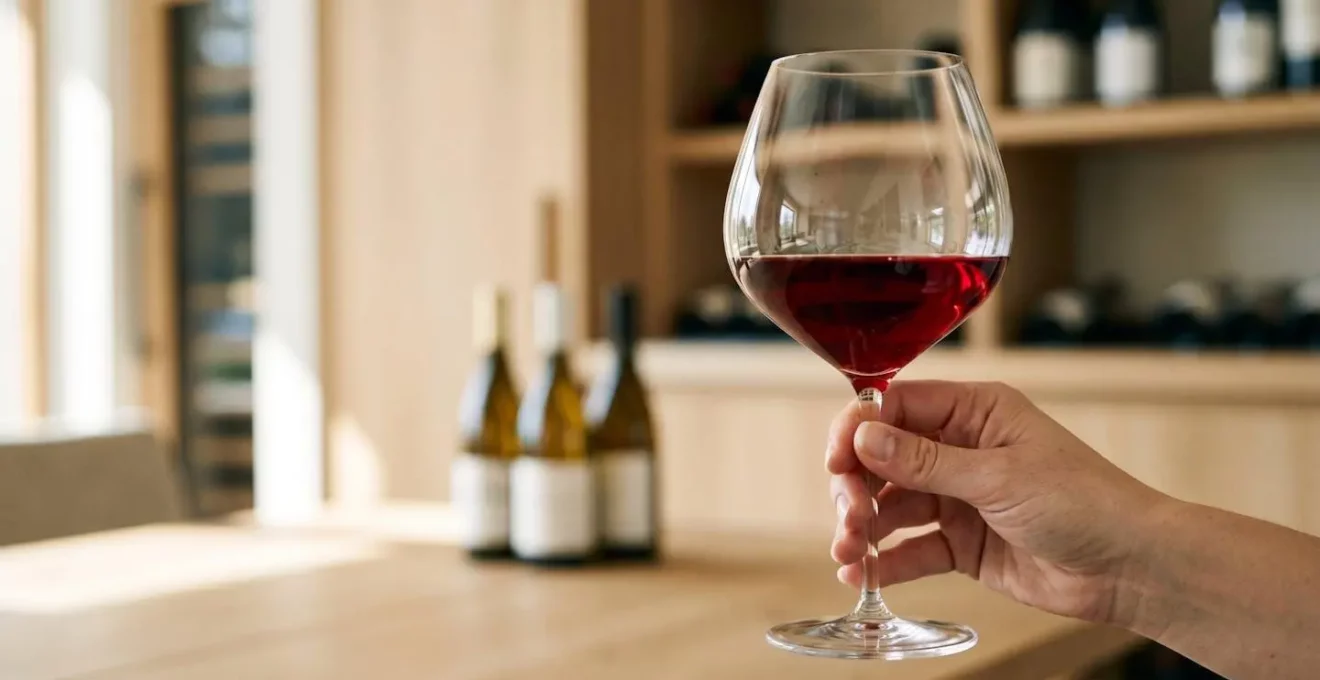 Main tenant un verre ballon en cristallin rempli de vin rouge, lumière naturelle révélant la brillance du cristal et la robe rubis profonde du vin