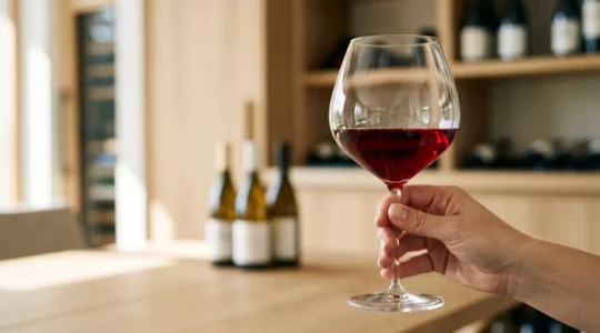 Main tenant un verre ballon en cristallin rempli de vin rouge, lumière naturelle révélant la brillance du cristal et la robe rubis profonde du vin