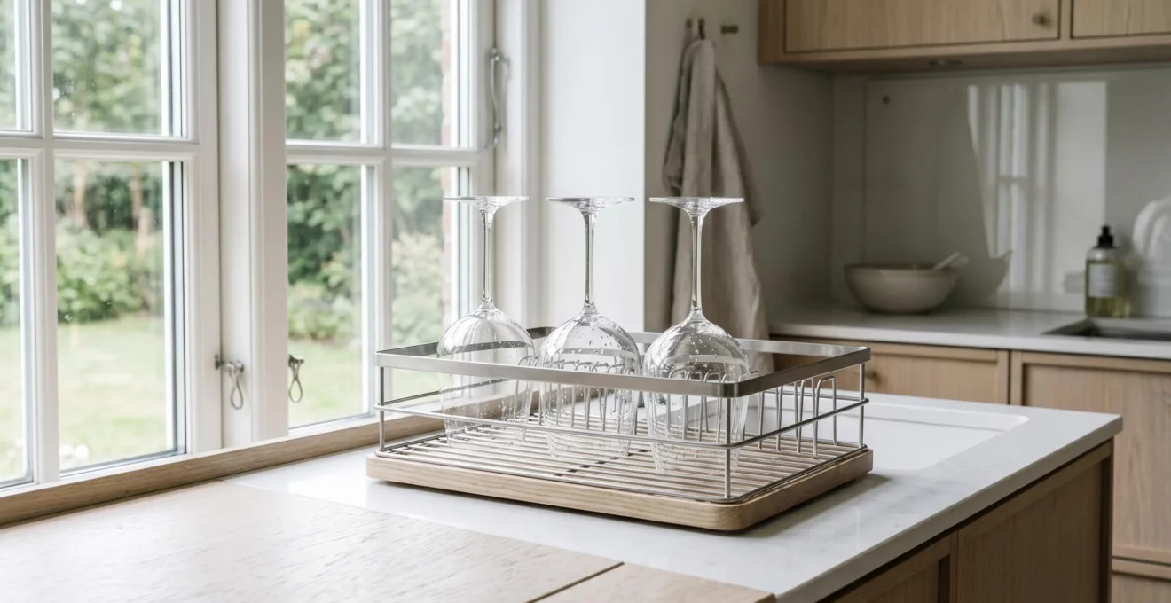 Verres en cristallin ultralight posés sur un égouttoir design dans une cuisine contemporaine scandinave, lumière naturelle révélant les gouttes d'eau et la brillance du cristal