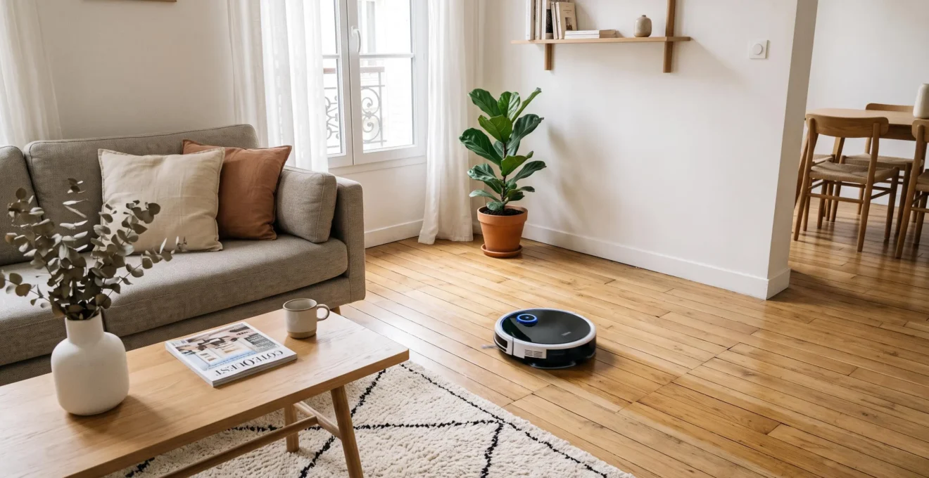 Aspirateur robot circulaire noir et blanc nettoyant activement un parquet en chêne clair dans un salon moderne meublé style scandinave avec canapé gris-beige et lumière naturelle de fenêtre