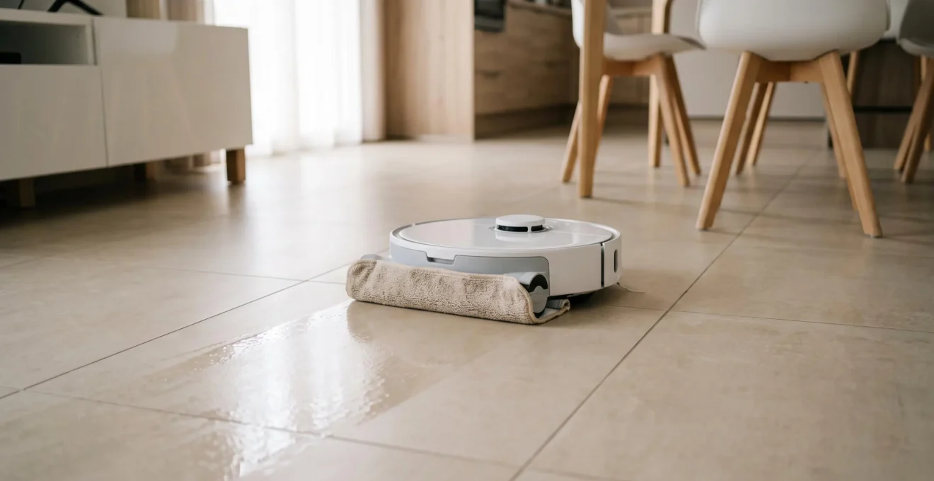 Aspirateur robot avec serpillière microfibre blanche en train de laver un carrelage beige avec traces humides visibles derrière lui dans une pièce moderne