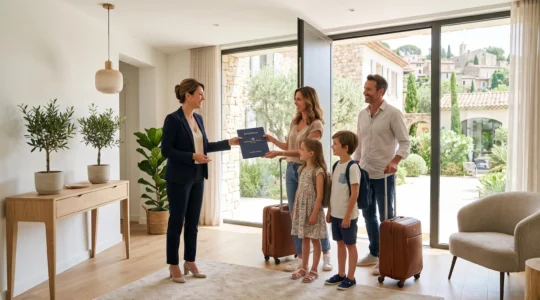 Conciergière professionnelle accueillant chaleureusement une famille de locataires dans le hall lumineux d'une villa de location haut de gamme au décor contemporain