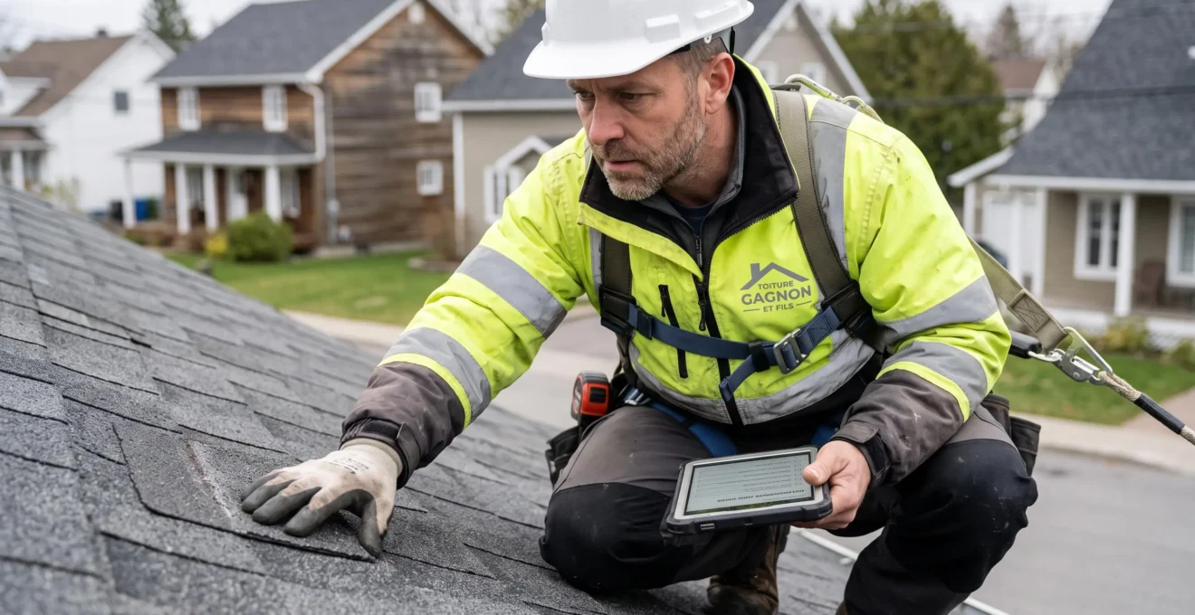 Couvreur professionnel en équipement de sécurité inspectant de près l'état de bardeaux d'asphalte sur toiture résidentielle québécoise