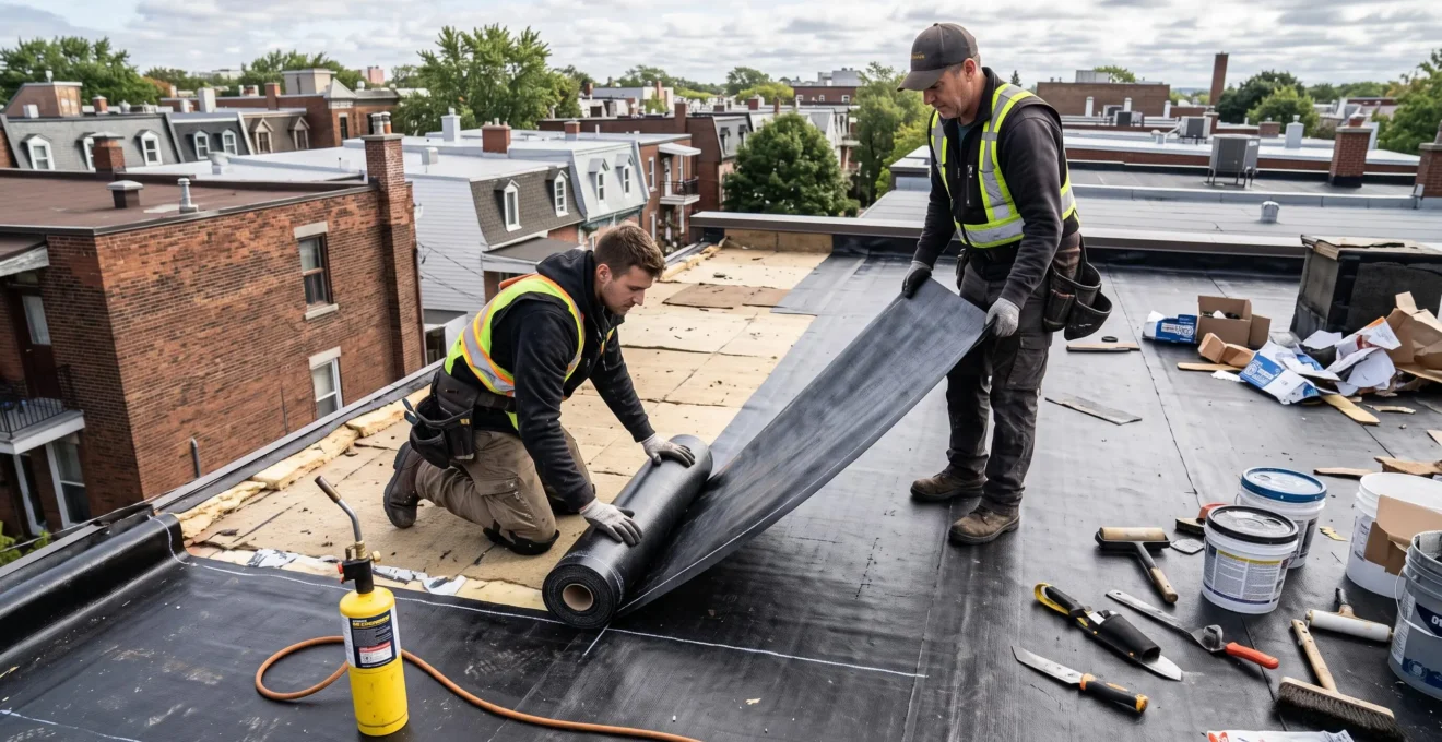Deux couvreurs professionnels installant une membrane élastomère noire sur toit plat résidentiel, outils spécialisés et rouleaux de membrane visibles