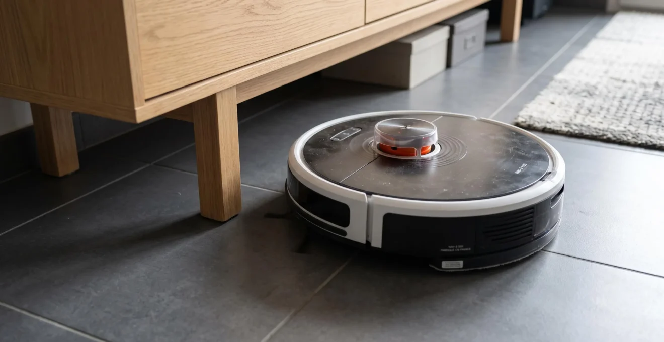 Gros plan d'un aspirateur robot avec tourelle de télémétrie laser rouge-orange active longeant le pied d'un meuble en bois sur carrelage anthracite