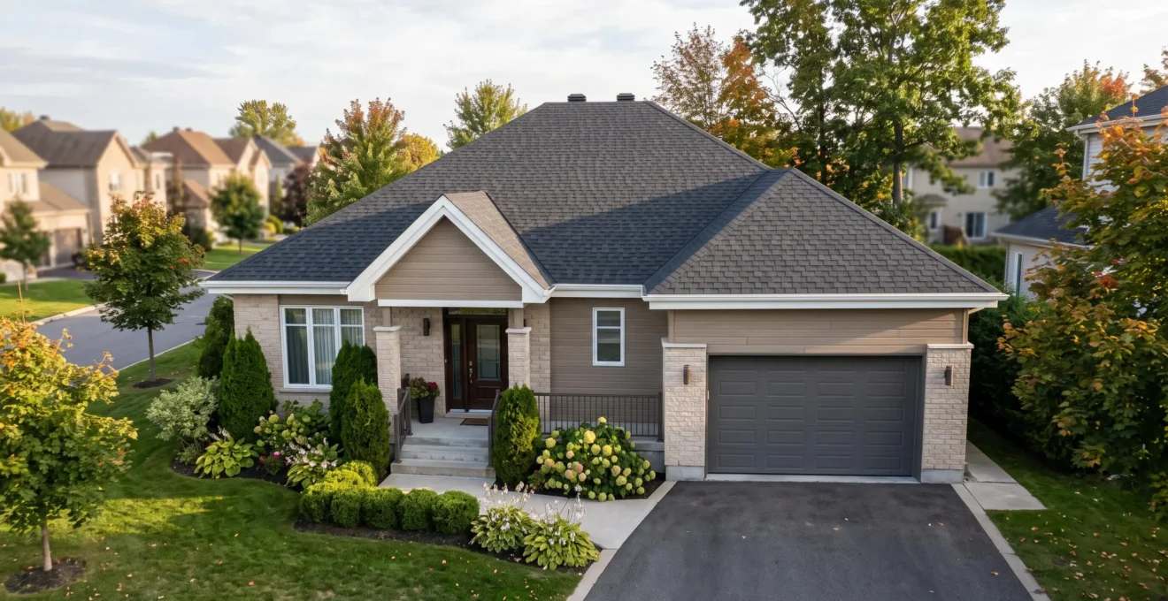 Maison unifamiliale de banlieue québécoise avec toiture en bardeaux architecturaux gris anthracite récemment installée, façade soignée et aménagement paysager mature