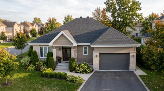 Maison unifamiliale de banlieue québécoise avec toiture en bardeaux architecturaux gris anthracite récemment installée, façade soignée et aménagement paysager mature
