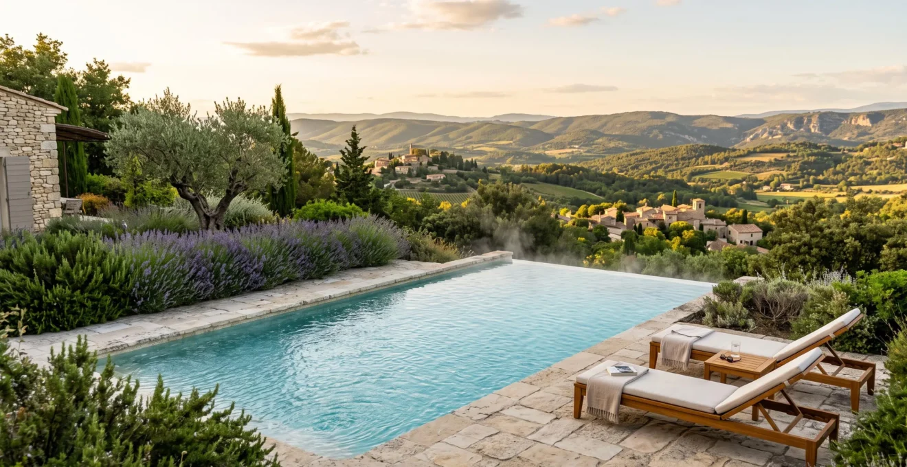 Piscine à débordement chauffée avec eau turquoise dégageant une légère vapeur, transats design et vue panoramique sur les collines provençales en fin d'après-midi