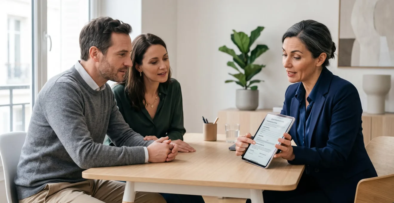Professionnelle de location immobilière haut de gamme détaillant sur tablette les clauses contractuelles et garanties de service à un couple de futurs locataires dans un bureau contemporain