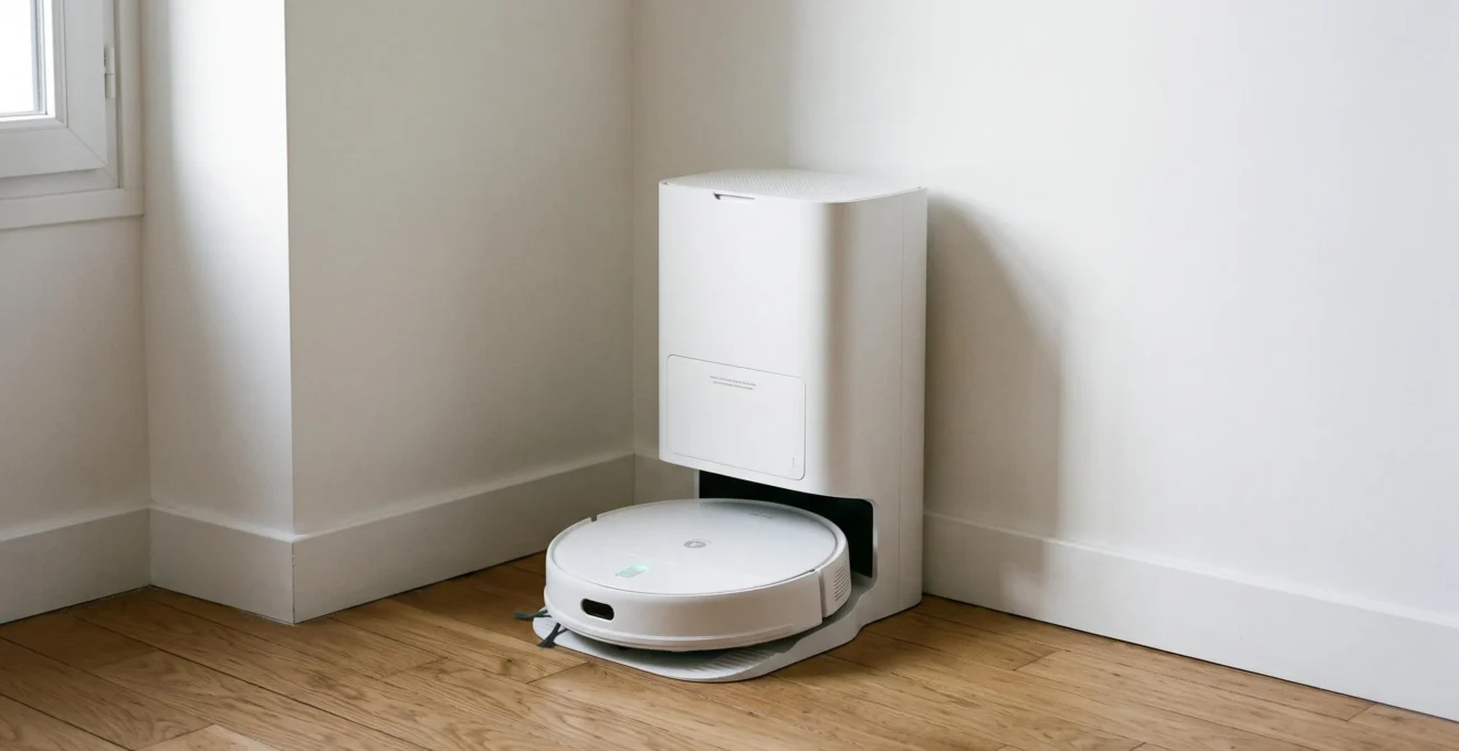 Station d'autovidage blanche ou noire avec aspirateur robot docké à sa base en charge (LED bleue allumée) dans l'angle d'une pièce sur parquet chêne