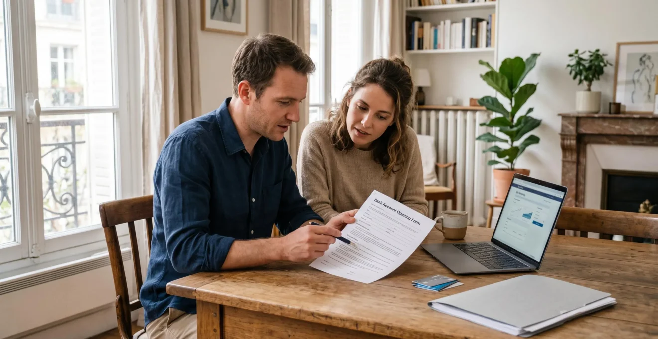 Un couple examine ensemble un formulaire d'ouverture de compte bancaire posé sur la table d'un appartement lumineux.
