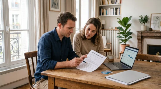 Un couple examine ensemble un formulaire d'ouverture de compte bancaire posé sur la table d'un appartement lumineux.