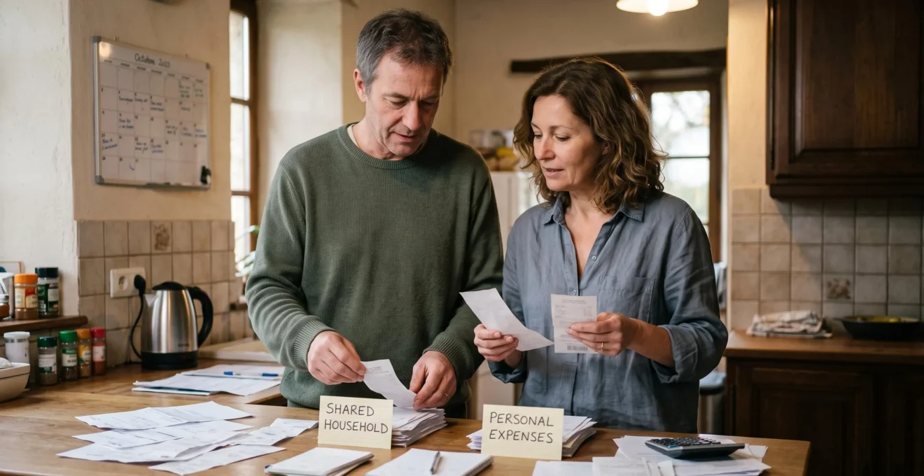 Un couple trie des tickets et factures en deux piles sur un plan de travail pour distinguer dépenses communes et personnelles.