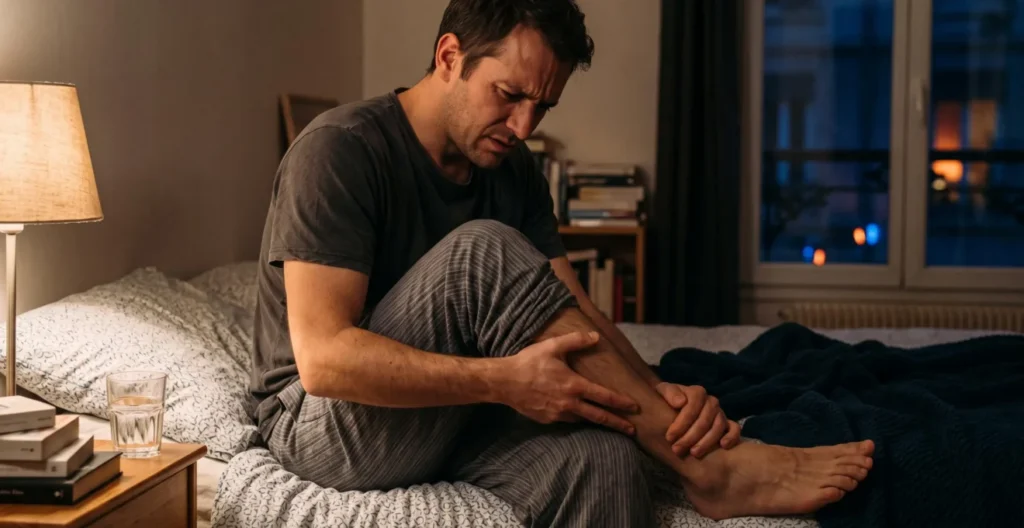 Homme assis au bord de son lit la nuit, massant son mollet suite à une crampe musculaire nocturne Homme assis au bord de son lit la nuit, massant son mollet suite à une crampe musculaire nocturne