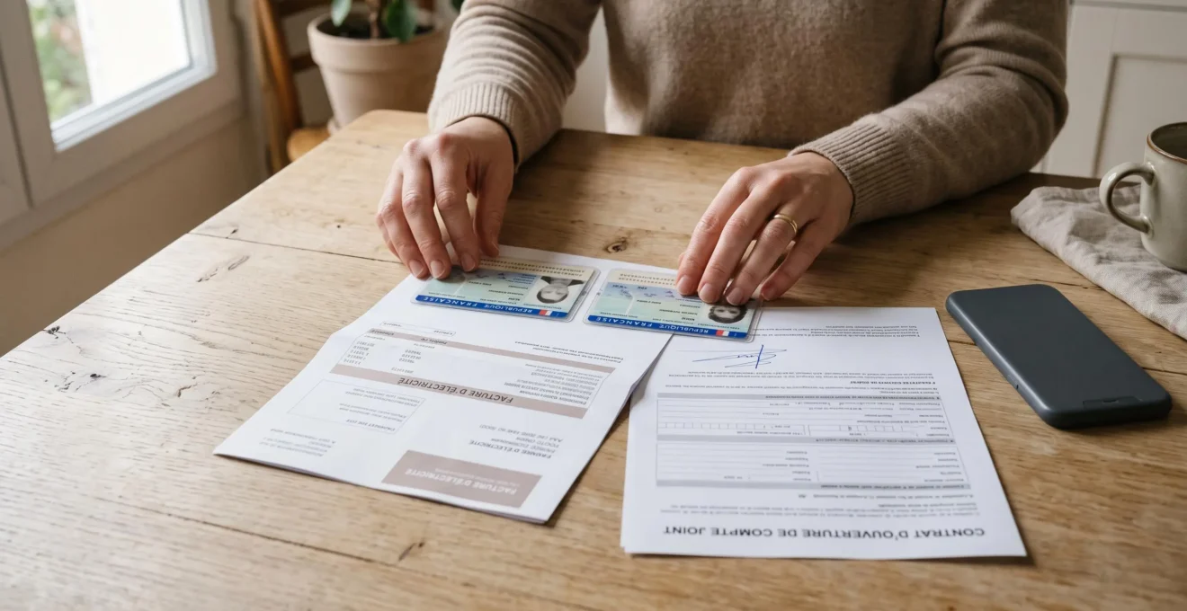 Des mains alignent deux cartes d'identité et des justificatifs préparés pour une ouverture de compte commun.
