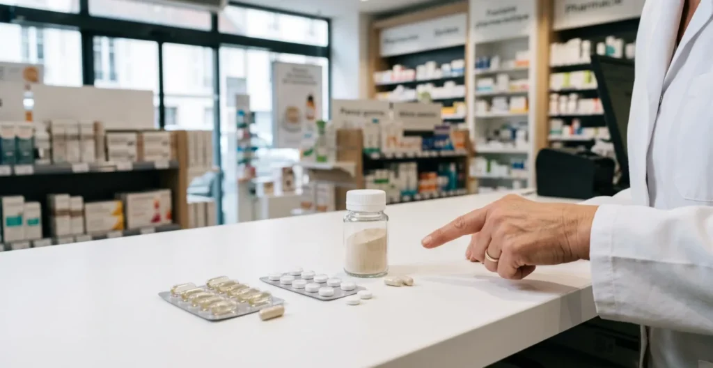 Différentes formes de suppléments de magnésium disposées sur un comptoir de pharmacie avec la main d'un pharmacien Différentes formes de suppléments de magnésium disposées sur un comptoir de pharmacie avec la main d'un pharmacien
