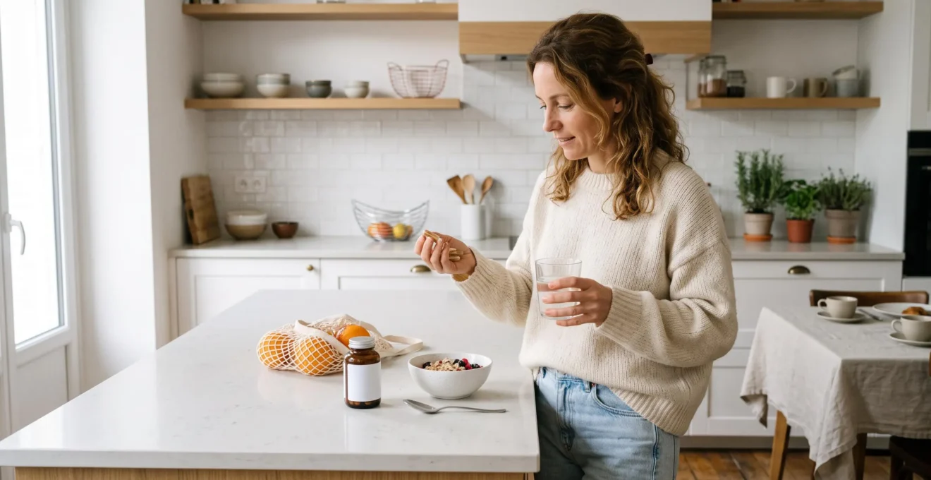 Femme dans sa quarantaine prenant des gélules de magnésium avec un verre d'eau dans sa cuisine le matin