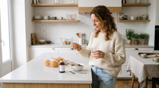 Femme dans sa quarantaine prenant des gélules de magnésium avec un verre d'eau dans sa cuisine le matin