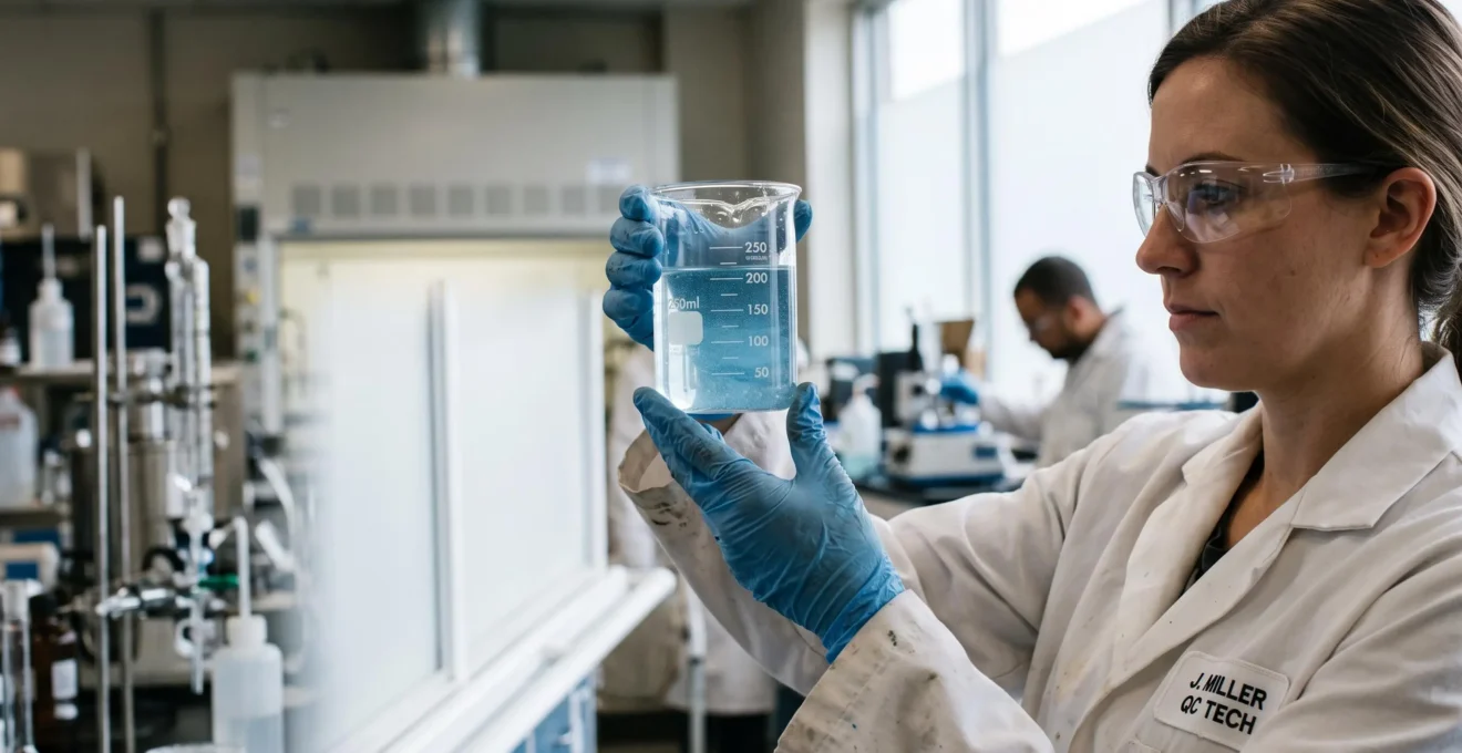 Un technicien examine un échantillon liquide dans un bécher au laboratoire.