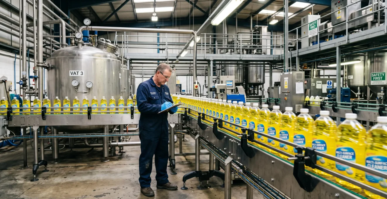 Un opérateur contrôle des bouteilles de produits d'entretien sur une ligne de production.