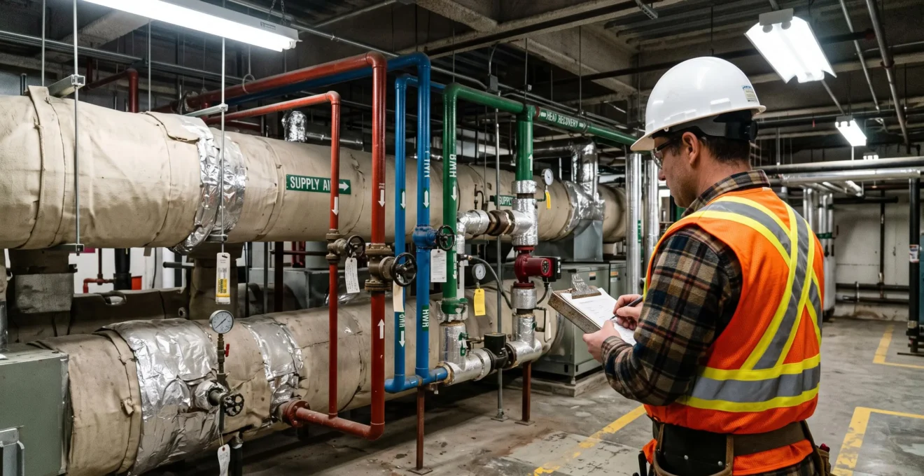 Un ingénieur note des observations devant des conduits et une boucle de récupération en salle mécanique.