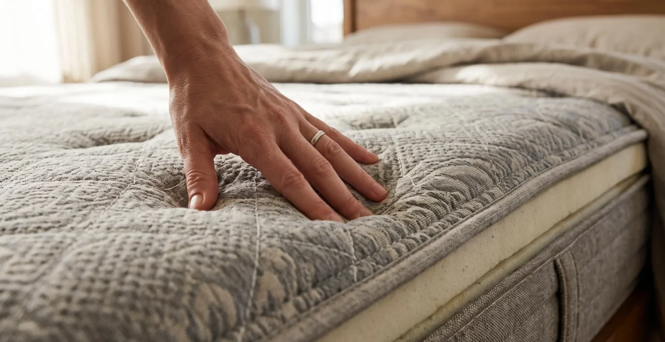 Une main appuie sur la surface d'un matelas pour montrer l'accueil et le soutien.