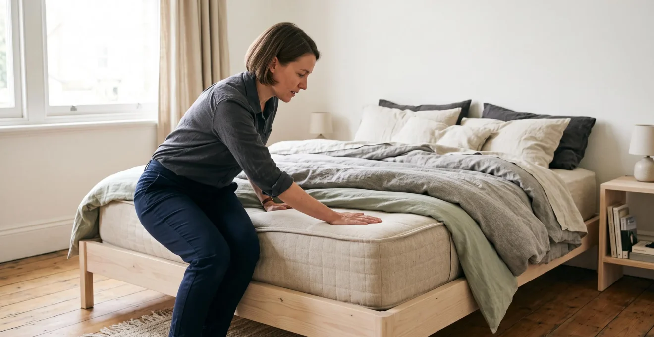 Un spécialiste du sommeil teste la surface d'un matelas équilibré dans une chambre lumineuse.