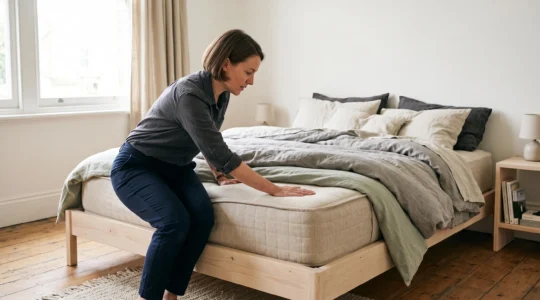 Un spécialiste du sommeil teste la surface d'un matelas équilibré dans une chambre lumineuse.