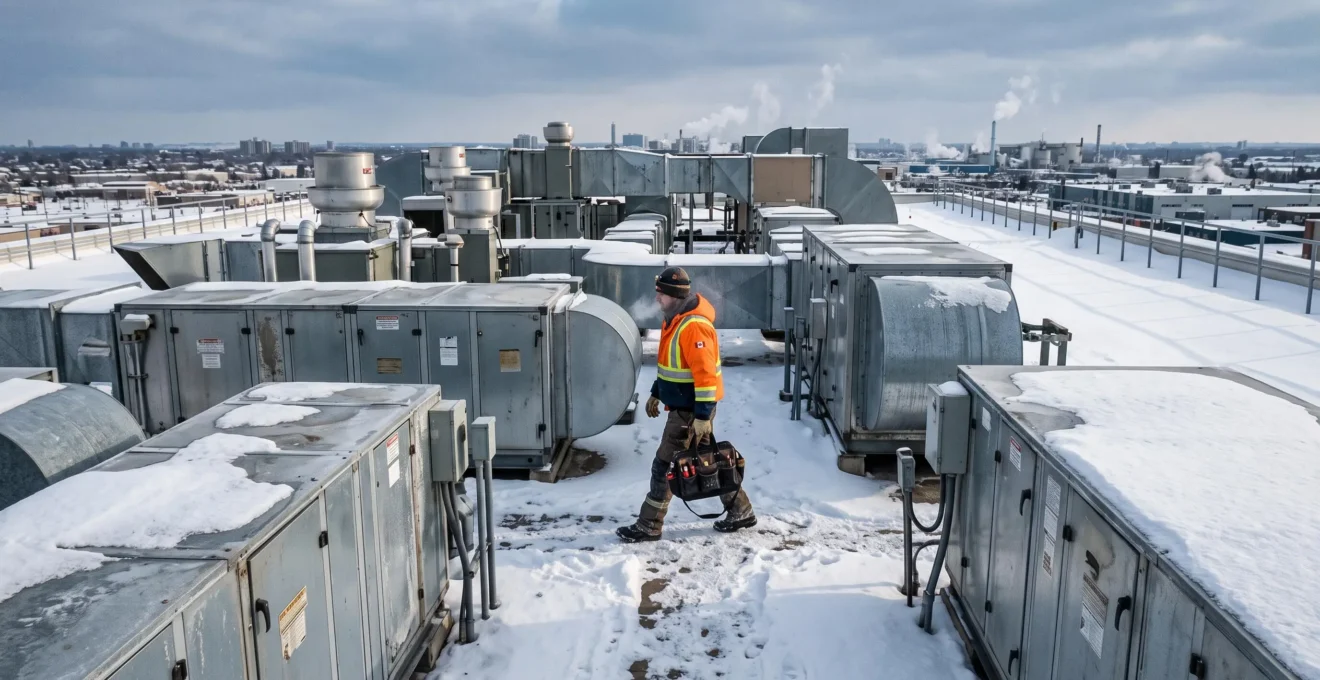 Un technicien marche entre des unités de traitement d'air enneigées sur un toit en hiver.