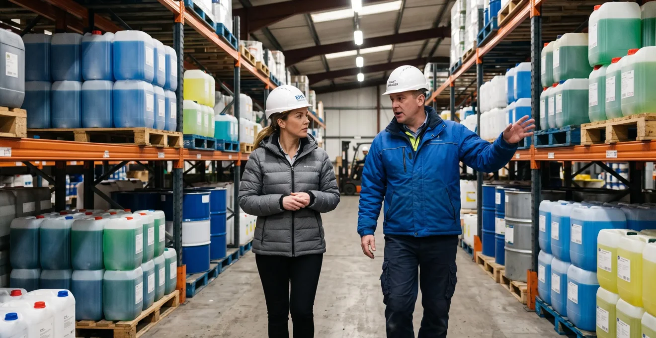 Une acheteuse visite un entrepôt de produits d'entretien avec un responsable.